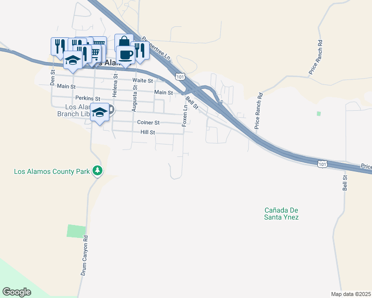 map of restaurants, bars, coffee shops, grocery stores, and more near 576 Foxen Lane in Los Alamos