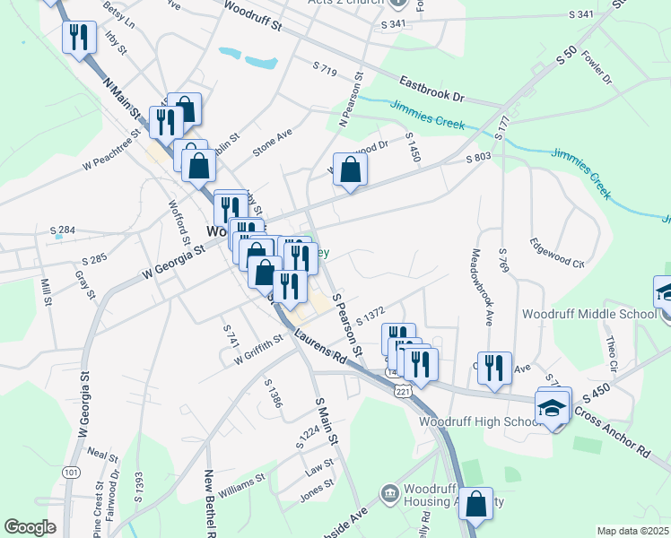 map of restaurants, bars, coffee shops, grocery stores, and more near 317 South Pearson Street in Woodruff