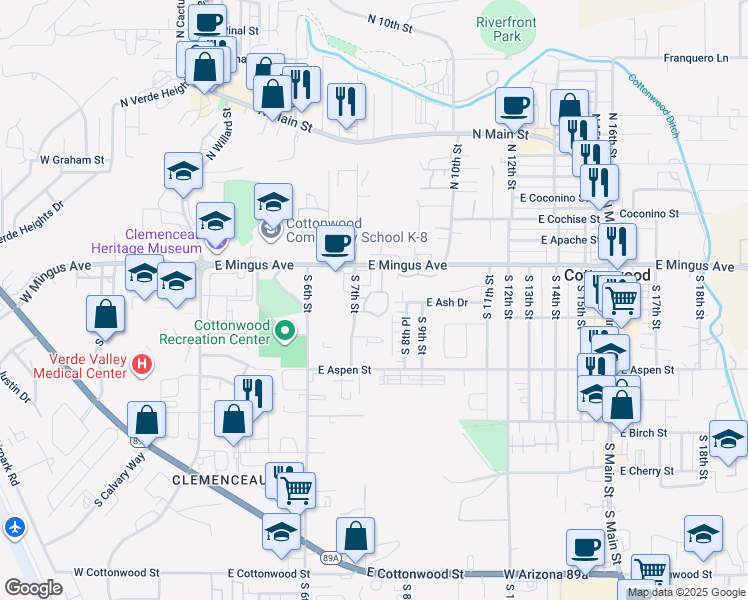 map of restaurants, bars, coffee shops, grocery stores, and more near 831 East Mingus Avenue in Cottonwood
