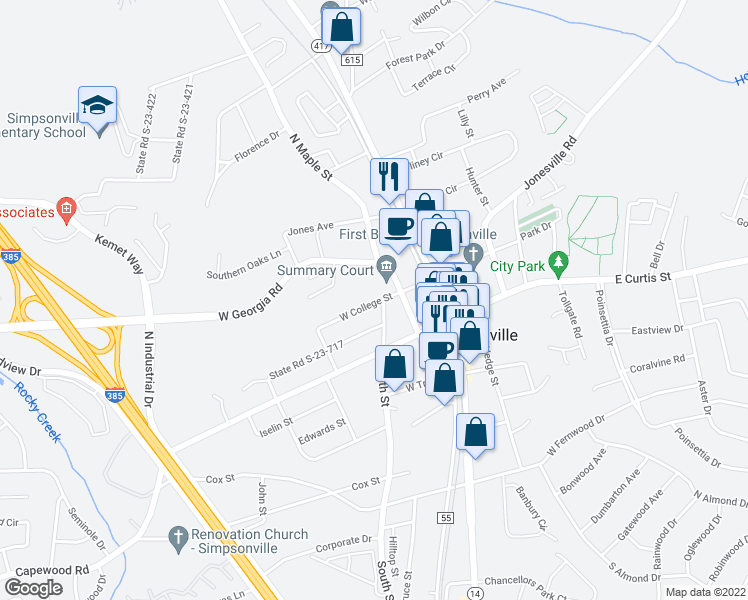 map of restaurants, bars, coffee shops, grocery stores, and more near 304a County Road 219 in Simpsonville