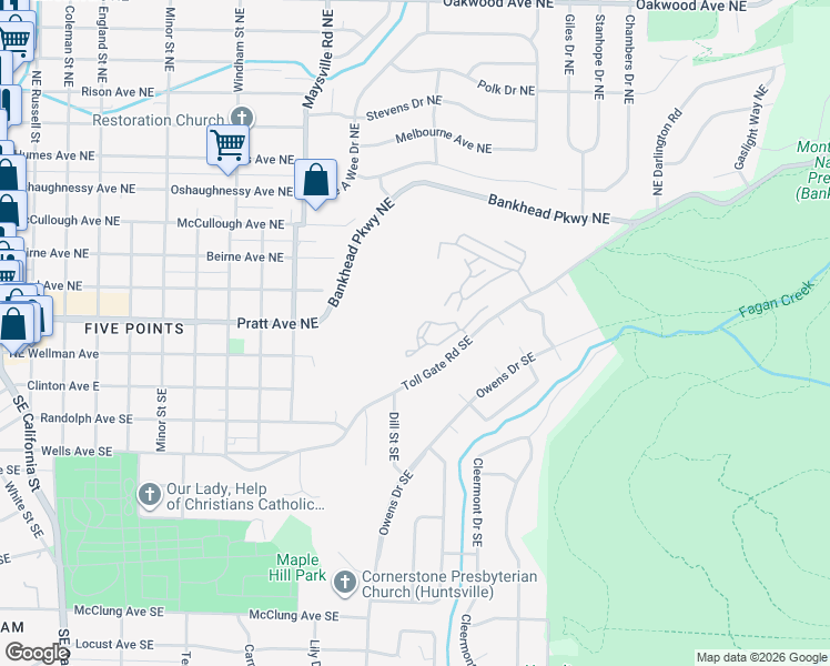 map of restaurants, bars, coffee shops, grocery stores, and more near 206 Treetop Drive Southeast in Huntsville