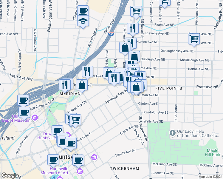 map of restaurants, bars, coffee shops, grocery stores, and more near 212 White Street Northeast in Huntsville