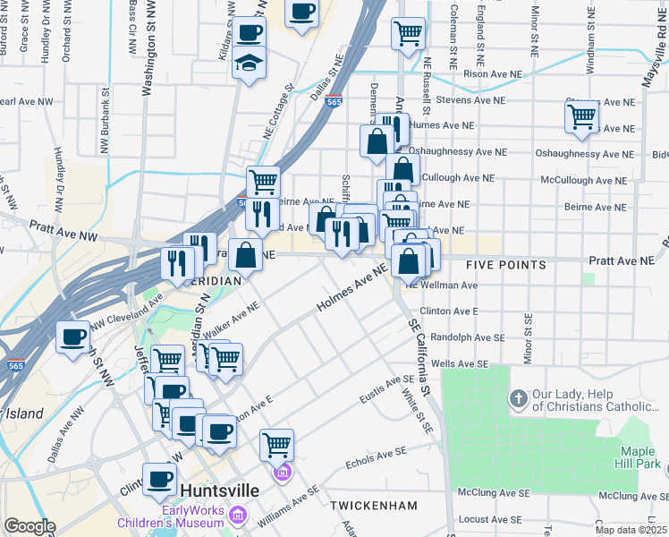 map of restaurants, bars, coffee shops, grocery stores, and more near 212 White Street Northeast in Huntsville