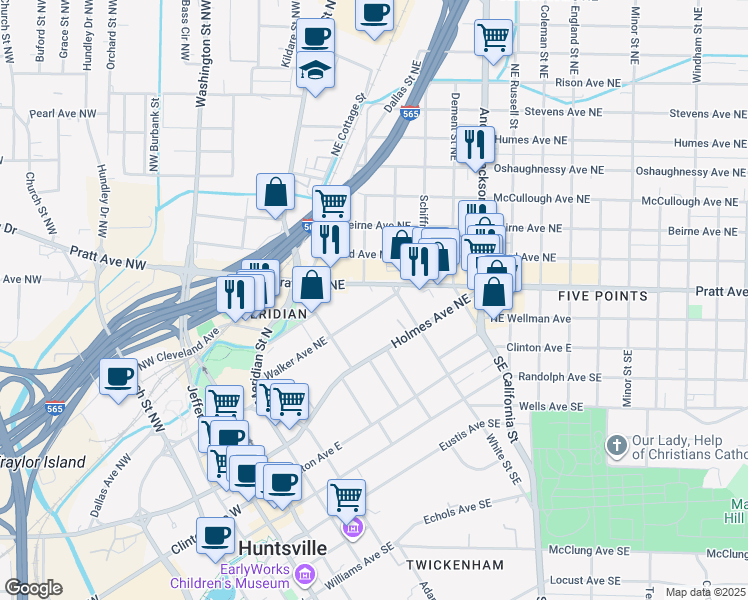 map of restaurants, bars, coffee shops, grocery stores, and more near 300A Pratt Avenue Northeast in Huntsville