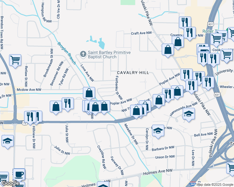 map of restaurants, bars, coffee shops, grocery stores, and more near 2900 Fairbanks Street Northwest in Huntsville