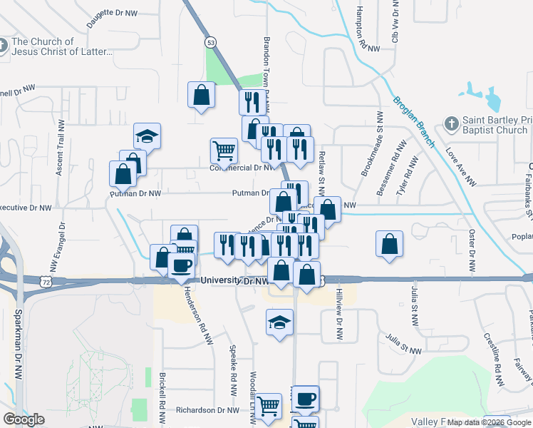 map of restaurants, bars, coffee shops, grocery stores, and more near 4040 Independence Drive Northwest in Huntsville