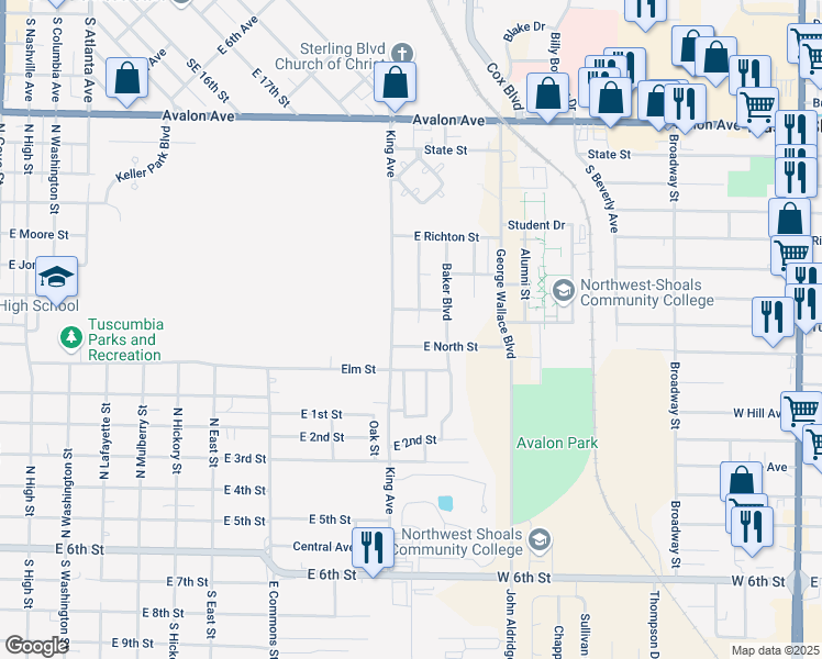 map of restaurants, bars, coffee shops, grocery stores, and more near 710 Virginia Avenue in Tuscumbia