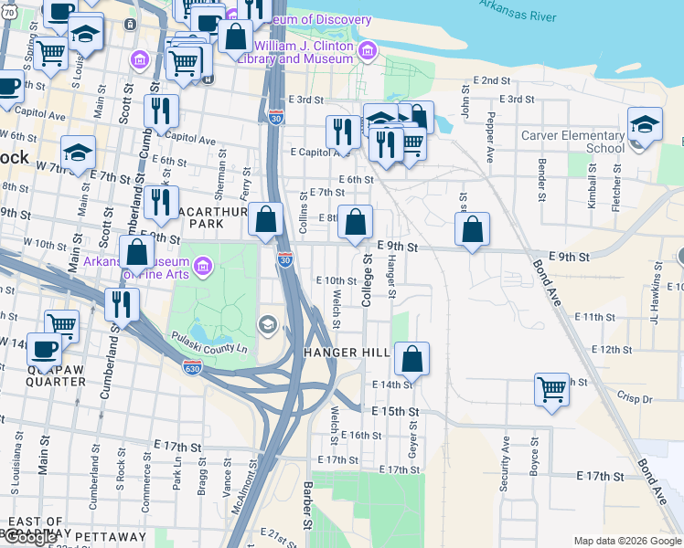 map of restaurants, bars, coffee shops, grocery stores, and more near 918 College Street in Little Rock