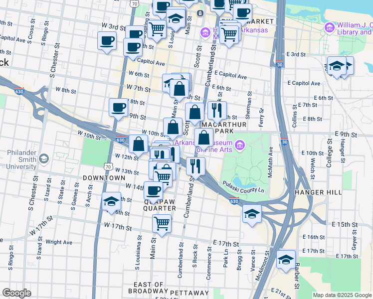 map of restaurants, bars, coffee shops, grocery stores, and more near 1007 Main Street in Little Rock