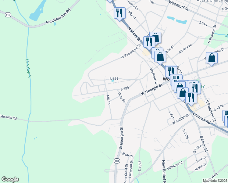 map of restaurants, bars, coffee shops, grocery stores, and more near 509 Gray Street in Woodruff