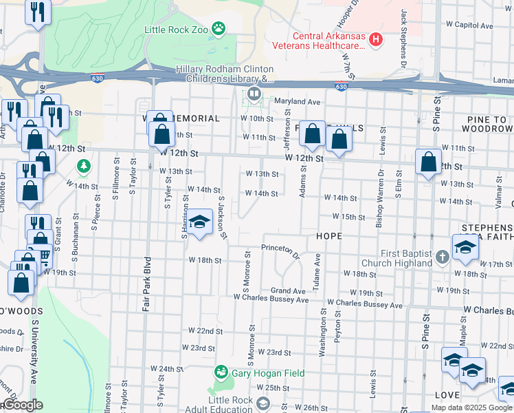 map of restaurants, bars, coffee shops, grocery stores, and more near 1407 Madison Street in Little Rock