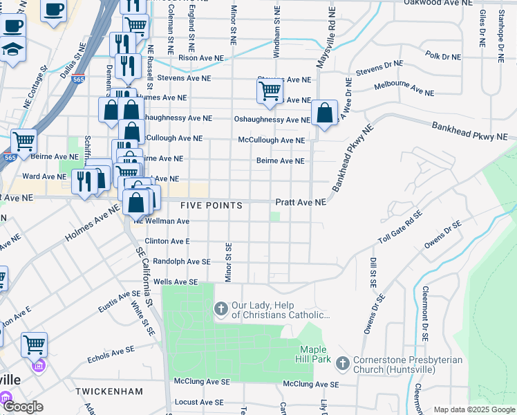 map of restaurants, bars, coffee shops, grocery stores, and more near 1424 Pratt Avenue Northeast in Huntsville
