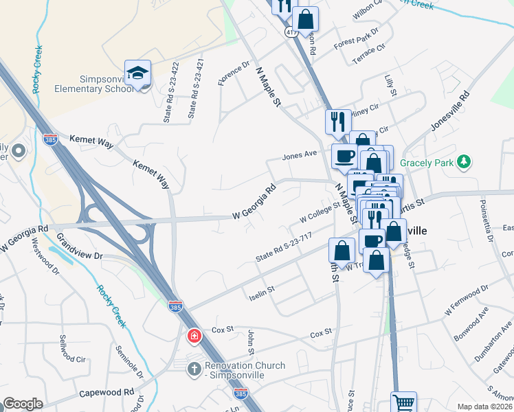map of restaurants, bars, coffee shops, grocery stores, and more near 309 West Georgia Road in Simpsonville
