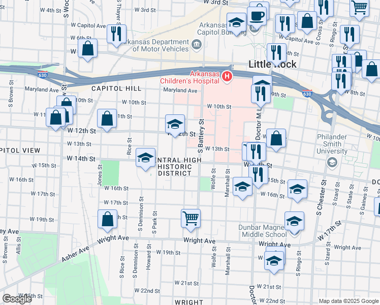 map of restaurants, bars, coffee shops, grocery stores, and more near 1307 South Summit Street in Little Rock