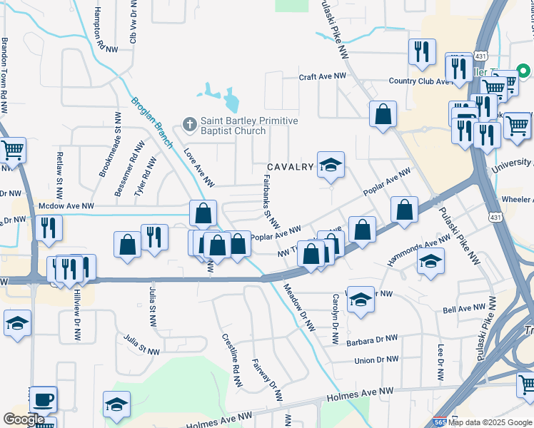 map of restaurants, bars, coffee shops, grocery stores, and more near 2901 Fairbanks Street Northwest in Huntsville