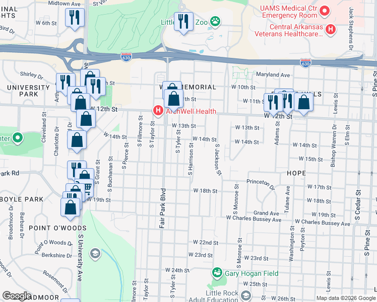 map of restaurants, bars, coffee shops, grocery stores, and more near 1416 South Harrison Street in Little Rock