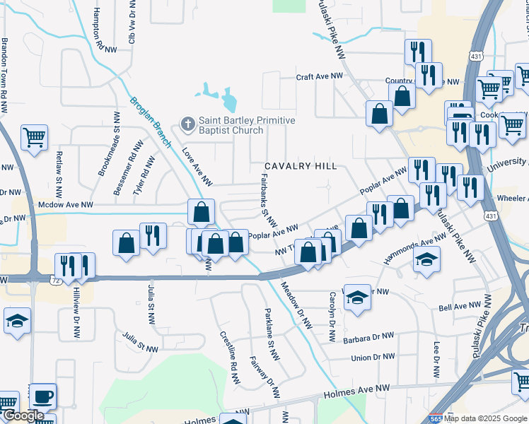 map of restaurants, bars, coffee shops, grocery stores, and more near 2901 Fairbanks Street Northwest in Huntsville