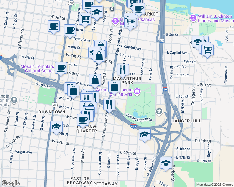 map of restaurants, bars, coffee shops, grocery stores, and more near 1010 Rock Street in Little Rock