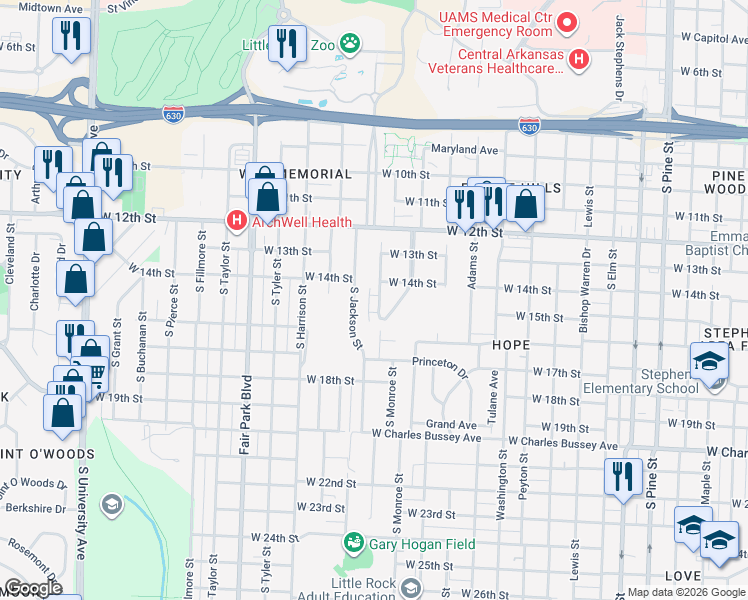 map of restaurants, bars, coffee shops, grocery stores, and more near 1408 South Monroe Street in Little Rock