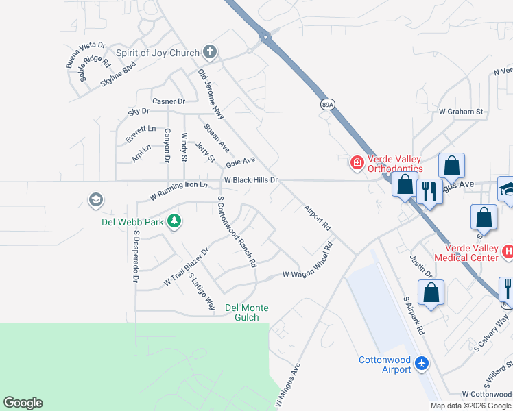 map of restaurants, bars, coffee shops, grocery stores, and more near 85 South Sagebrush Way in Cottonwood