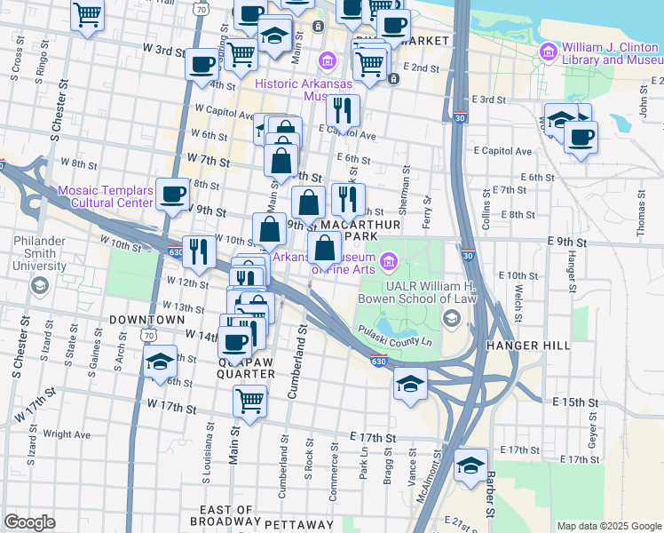 map of restaurants, bars, coffee shops, grocery stores, and more near 1010 Rock Street in Little Rock
