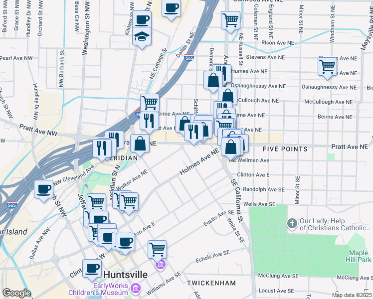 map of restaurants, bars, coffee shops, grocery stores, and more near 212 White Street Northeast in Huntsville