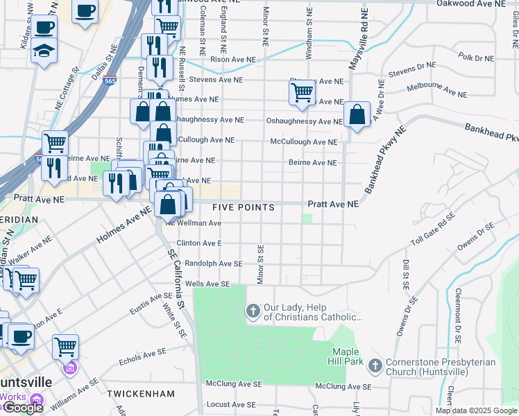 map of restaurants, bars, coffee shops, grocery stores, and more near in Huntsville
