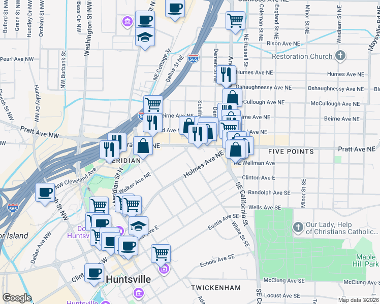 map of restaurants, bars, coffee shops, grocery stores, and more near 212 White Street Northeast in Huntsville