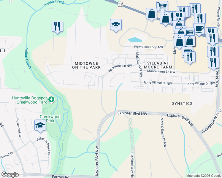 map of restaurants, bars, coffee shops, grocery stores, and more near 1115 Pegasus Drive Northwest in Huntsville