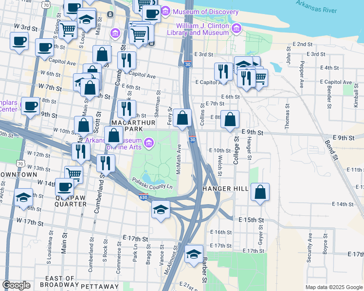 map of restaurants, bars, coffee shops, grocery stores, and more near 923 McMath Avenue in Little Rock