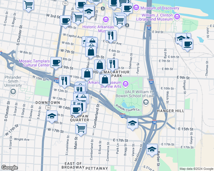 map of restaurants, bars, coffee shops, grocery stores, and more near 1003 Cumberland Street in Little Rock