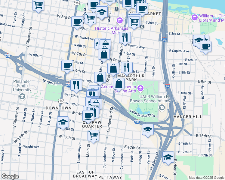 map of restaurants, bars, coffee shops, grocery stores, and more near 1003 Cumberland Street in Little Rock