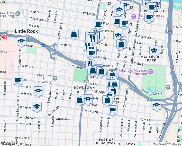 map of restaurants, bars, coffee shops, grocery stores, and more near 1101 Broadway Street in Little Rock