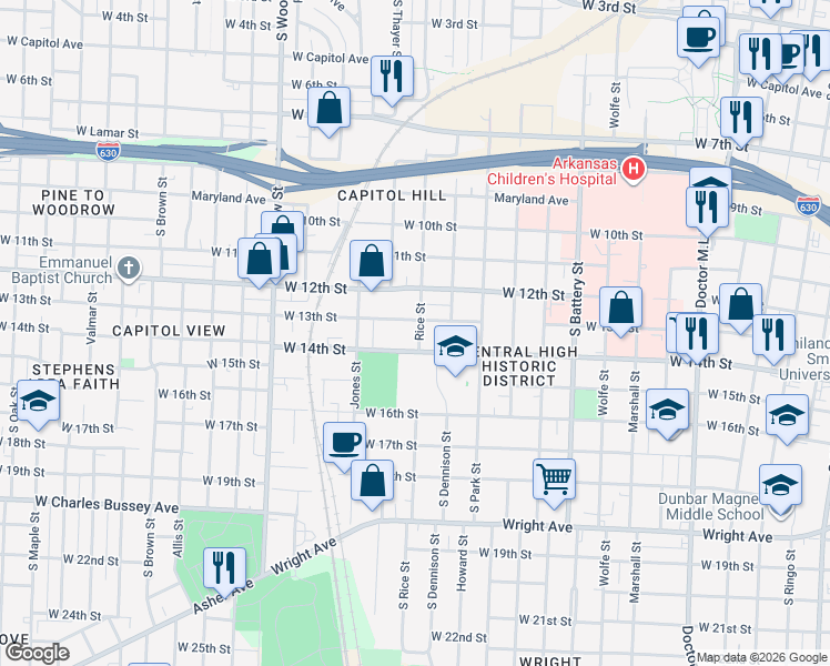 map of restaurants, bars, coffee shops, grocery stores, and more near 2423 West 13th Street in Little Rock