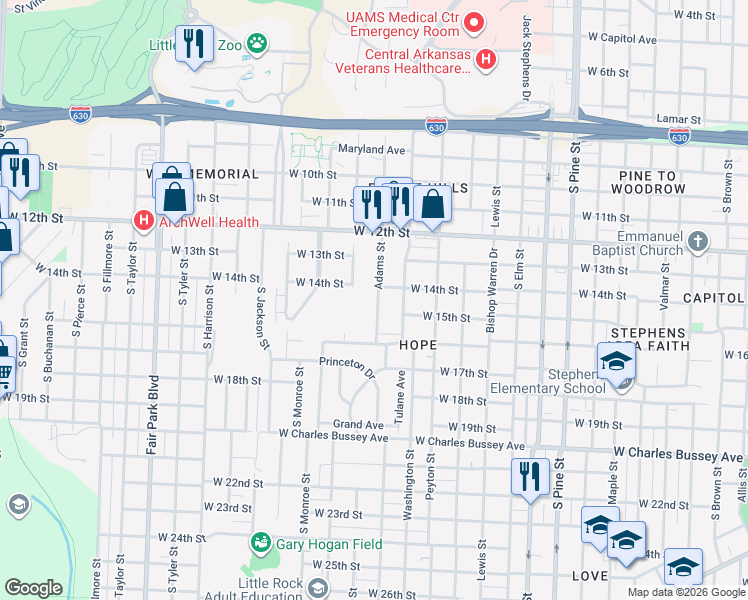 map of restaurants, bars, coffee shops, grocery stores, and more near 1403 Adams Street in Little Rock