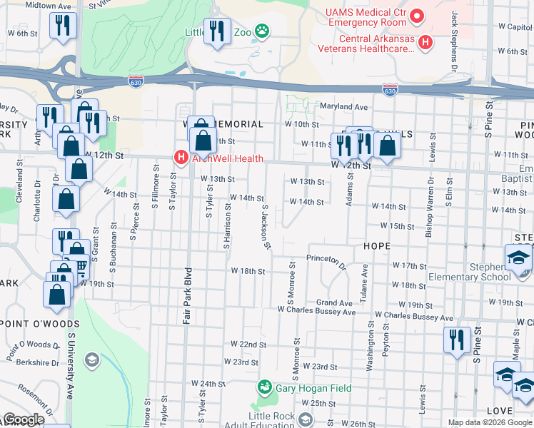 map of restaurants, bars, coffee shops, grocery stores, and more near 1408 South Monroe Street in Little Rock