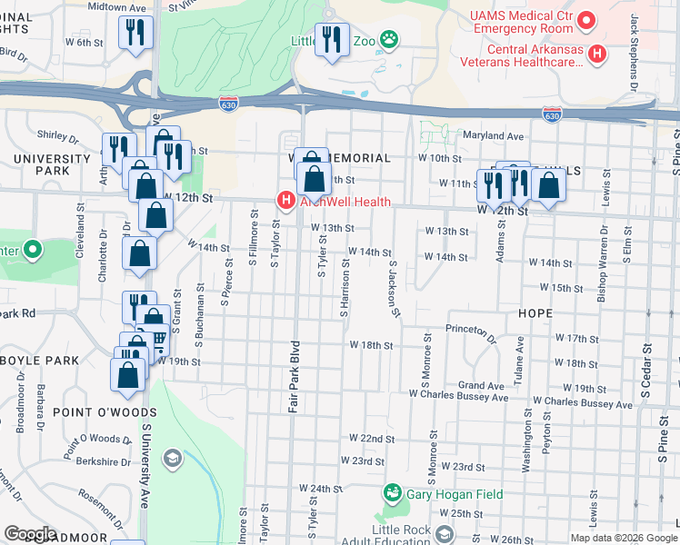 map of restaurants, bars, coffee shops, grocery stores, and more near 1416 South Harrison Street in Little Rock