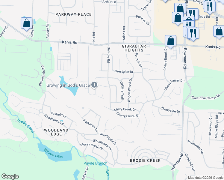 map of restaurants, bars, coffee shops, grocery stores, and more near 1705 Gamble Road in Little Rock