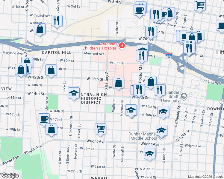 map of restaurants, bars, coffee shops, grocery stores, and more near 1809 West 13th Street in Little Rock