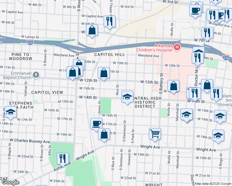 map of restaurants, bars, coffee shops, grocery stores, and more near 2423 West 13th Street in Little Rock