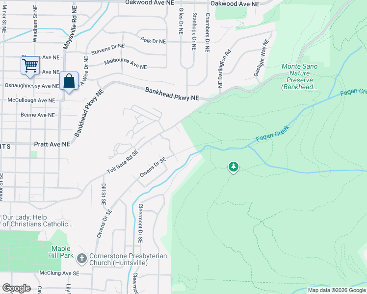 map of restaurants, bars, coffee shops, grocery stores, and more near 416 Owens Drive Southeast in Huntsville