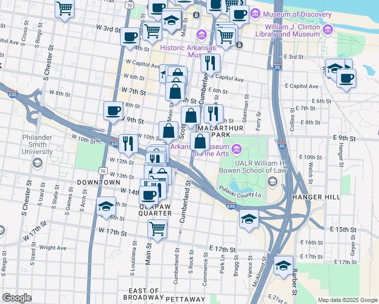 map of restaurants, bars, coffee shops, grocery stores, and more near 1012 Cumberland Street in Little Rock
