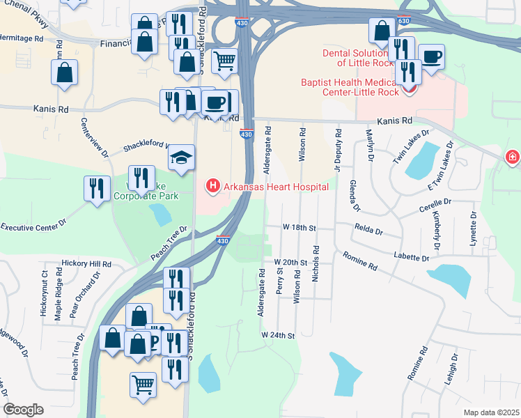 map of restaurants, bars, coffee shops, grocery stores, and more near 1600 Aldersgate Road in Little Rock