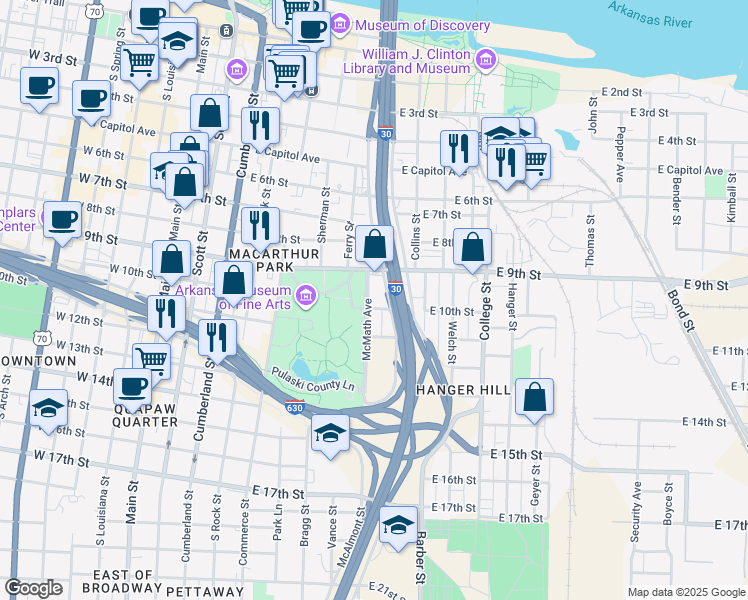 map of restaurants, bars, coffee shops, grocery stores, and more near 923 McMath Avenue in Little Rock