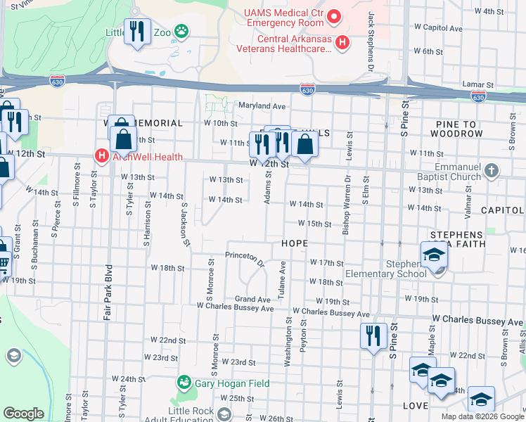 map of restaurants, bars, coffee shops, grocery stores, and more near 1403 Adams Street in Little Rock
