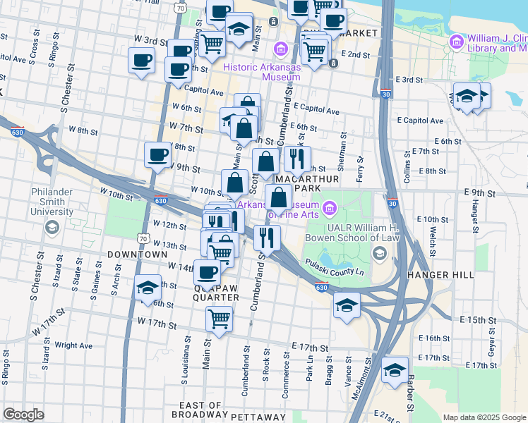 map of restaurants, bars, coffee shops, grocery stores, and more near 1012 Cumberland Street in Little Rock