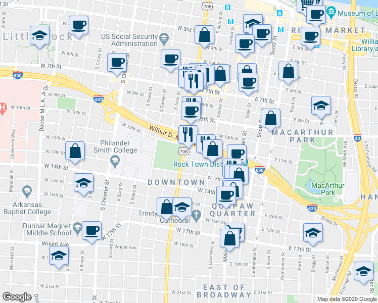 map of restaurants, bars, coffee shops, grocery stores, and more near 1101 Broadway Street in Little Rock
