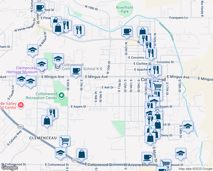 map of restaurants, bars, coffee shops, grocery stores, and more near 1002 East Ash Drive in Cottonwood