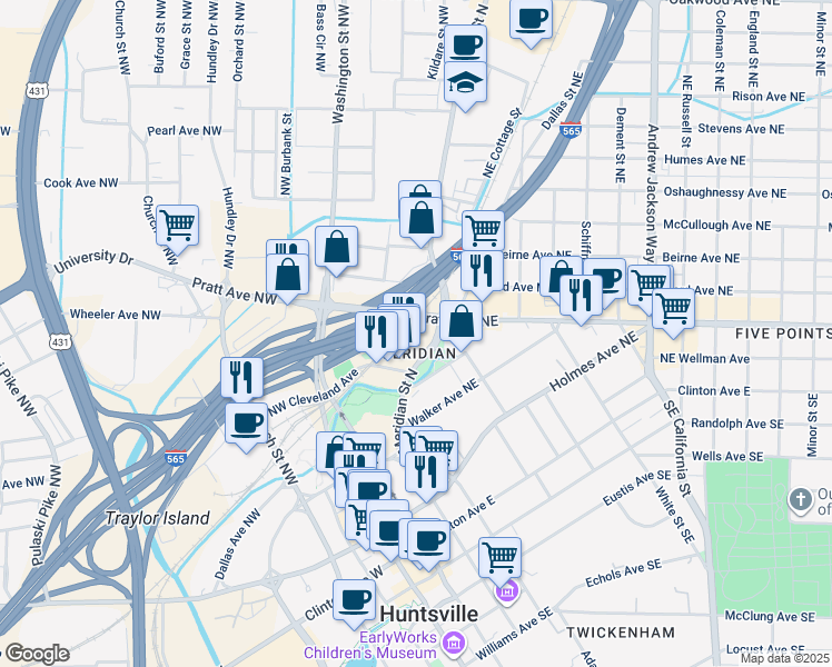 map of restaurants, bars, coffee shops, grocery stores, and more near 26767 Meridian Street North in Huntsville