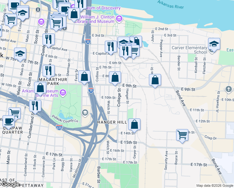map of restaurants, bars, coffee shops, grocery stores, and more near 918 College Street in Little Rock